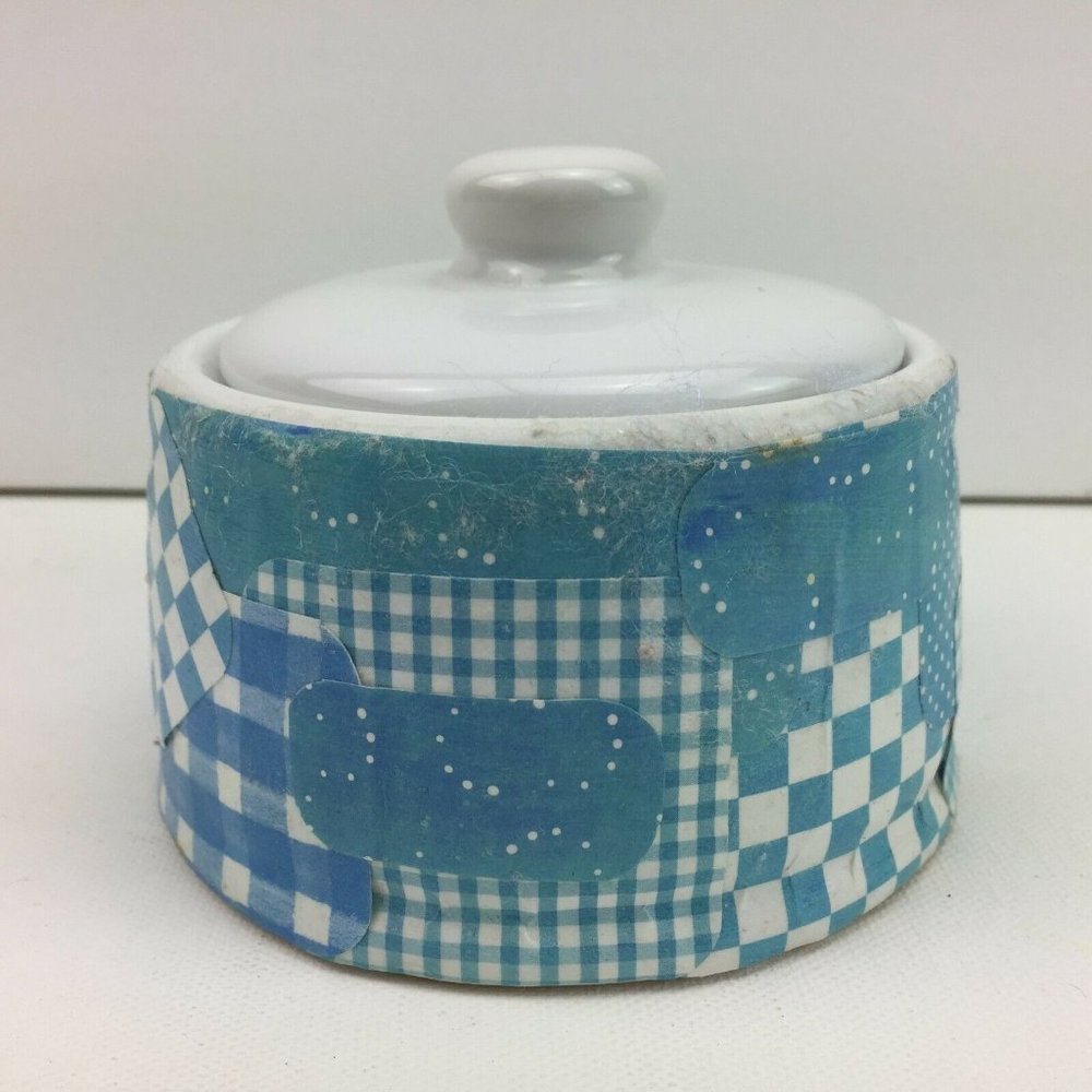 Homemade Ceramic Bathroom Cotton Jar Lid Blue White Gingham Check Plaid